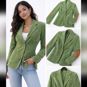 Vintage Lilly Pulitzer Medium Green Corduroy Blazer Jacket Leather Elbow Patches